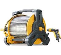 Wall-Mountable Garden Hose Reel with Spray Nozzle for Outdoor Irrigation and Watering
