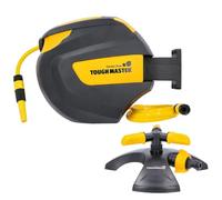 Wall-Mounted 20M TOUGH MASTER Durable Retractable Garden Hose Reel Automatic Lightweight Hose Reel with Integrated Anti-Kink Hose Guide Return UV-Resistant (with 3 Arm Sprinkler)