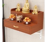 Wall Mounted Altar Shelf with Drawer, Bamboo Puja Table for Temple Worship, Meditation, Divination