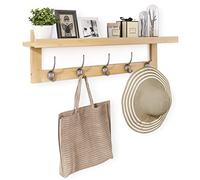 Wall-Mounted Bamboo Coat Rack with 5 Double Metal Hoo 74 cm Shelf for Entryway Bathroom Bedroom Kitchen Living Room Mudroom - Natural h