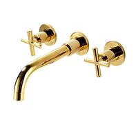 wall mounted basin mixer tap, brass basin mixer tap, 360° swivel, twin levers, three-hole wall-mounted basin faucet, gold, split