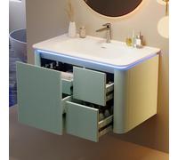 Wall Mounted Bathroom Cabinet 80x47.5x51 cm Fully Lacquered Veal Design Radar Mot Sensor LED Light Silent Ders One Piece Sink Modern Sto Solut