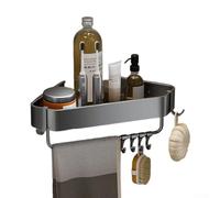 Wall Mounted Bathroom Shelf Triangle Corner Storage Rack with Towel Rod and Hooks, No Drill Shower Organizer Basket for Bathroom, Gunmetal Gray