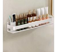 Wall-Mounted Bathroom Shelf with Adhesive Hooks - No Drill for Shampoo Razors & Sponges - 50cm White Storage Solution for Space Saving