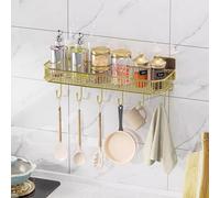Wall-Mounted Bathroom Shelves with 5 Hooks - Stainless Steel Floating Storage Rack No-Drill Space-Saving Shower Caddy for Bath & Kitchen Large Gold/Black Finish