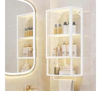 Wall Mounted Bathroom Storage Cabinet No Drill Floating Shelf with Tempered Glass Door Large Capacity Vanity Rack for Towels Cosmetics Shampoo (White 30x14.5x70 cm)