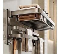 Wall Mounted Bathroom Towel Rack, 2-Tier Foldable Towel Holder with Hooks, No Assembly, Space-Saving Organizer (50cm/19.7in) for Towels and Accessories