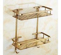 Wall Mounted Brass Bathroom Shelf, Vintage Rectangle Shower Corner Storage Basket with Hooks, Antique Double Shelf for Cosmetics, Floating Shelving for Home Decor