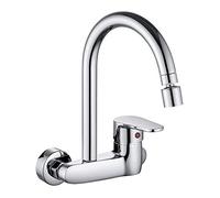 Wall Mounted Brass Double Hole Hot and Cold Modes Nozzles 360° Rotation Mixer Faucet Kitchen Chrome Plating