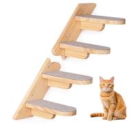 Wall Mounted Cat Shelf - Wooden Four Step Stairway with Plush Cover for Climbing, Sleeping and Playing