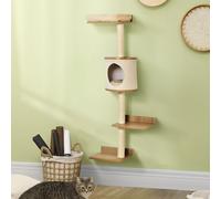 PawHut Cat Tree for Indoor Cats Wall-Mounted Cat Shelf Shelter Kitten Perch Climber Furniture w/ Condo Bed Scratching Post - Beige Aosom UK