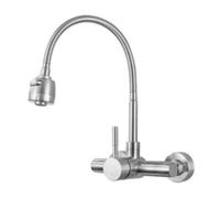 Wall-Mounted Chrome Kitchen Faucet - Double Hole Mixer with 360° Swivel Flexible Spray Hose, Hot & Cold Water Control, Modern Design for Easy Use.