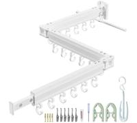 Wall Mounted Clothes Drying Rack, Space Saving,Triple Foldable, Retractable Clothes Airer with Extension Pole, Aluminium Clothes Dryer Rack with 18 Hooks, For Balcony, Laundry(White-Single Hook )