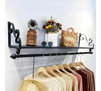 Wall Mounted Clothes Rack Garment Rack with Shelf, Heavy Duty Rustic Vintage Clothing Rod, Metal Commercial Boutique Clothes Store Display Shelf Space-Saving Hanger Storage for Bedroom(Color