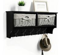 Thrink Wall Mounted Coat Rack - White Wooden Shelf with 2 Grey Wicker Baskets & 5 Strong Double Hooks - Stylish Hallway Storage & Entryway Organiser for Coats, Jackets, Bags, Hats & Scarves (Black)