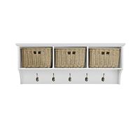 Wall Mounted Coat Rack Hanging Shelf with 5 Hooks and 3 Storage Baskets | White Coat Hanger for Entyryway Hallway Tetbury Furniture