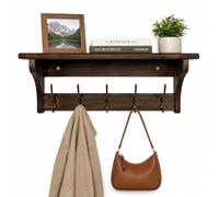 Wall Mounted Coat Rack with Shelf, Solid Wood & Metal Hooks - 23.2 Inch Entryway Organizer with 5 Hooks for Hanging Coats, Hats, Bags, Keys, Rustic Brown for Hallway, Bedroom, Bathroom（23.2 Inch）