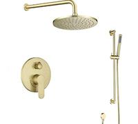 Wall Mounted Concealed Bathroom Brass Round 8-12 Brushed Gold Rainfall Faucet System with Slide Bar Luxury Shower Set,12 inch