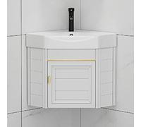 Wall-Mounted Corner Bathroom Vanity Cabinet with Sink and Storage - Ceramic Laundry Tub Sink Combo with Hot/Cold Faucet and Drain for Home and Laundry Room