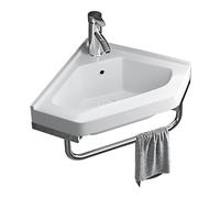 Wall-Mounted Corner Sink, Pure White Porcelain Ceramic Vessel for Small Vanity, Includes Faucet & Towel Bar, Ideal for Restaurant, Bar, Cafe, Salon & Spa (42x42cm/16.5")