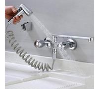 Wall-Mounted Double Hole Faucet with Multifunctional Spray Gun, Chrome-Plated Brass, Hot & Cold Laundry Sink Tap, Sleek Kitchen Mixer, Easy Installation for Home Use