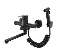 Wall Mounted Faucet with Spray Gun, Kitchen Sink, Stainless Steel Faucet, Hot/Cold Water, Laundry Basin, Rotating (Black)