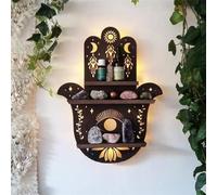 Wall Mounted Floating Shelves Hamsa Hand Lamp Floating Shelf Wood Hamsa Hand Crystal Display Shelf With Light Boho Hanging Wall Shelf Meditation Witchy Living Room Decorative Crystal Holder
