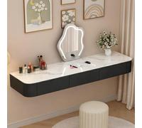 Wall-Mounted Floating Solid Wood Makeup Vanity Table - Fully Assembled, Multi-Functional Desk with Rounded Corners, Black Sintered Stone Top, 100cm/39.4in for Bedroom & Home Decor