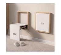Wall Mounted Folding Entryway Shoe Changing Stool, Solid Wood Stool, Foldable Bathroom Seating, For Restroom Living Room Entryway, Automatic Retracti(Color:Off-white panel + original wood color shell)