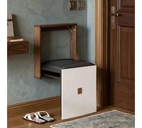 Wall-Mounted Folding Shoe Changing Stool - Space-Saving 17" Hidden Hallway Bench with Soft Leather Cushion - Ultra-Thin Design in Elegant White/Brown Finish for Entryway Storage