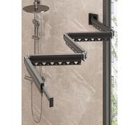 Wall Mounted Folding Shower Curtain Rod with Waterproof Linen Shower Curtains - Adjustable Corner L/U Shaped Retractable Shower Rods for Bathroom/Bathtub/RV, Punch or Stick(Dark gray,163 cm)