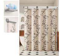 Wall-Mounted Folding Shower Curtain, Three-Fold, Four-Fold, Five-Fold Optional, Two Installation Methods, 360° Foldable Shower Curtain Rod with Shower Curtain and Hook,For Bathroom 5-1.8*1.8