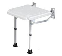Wall-mounted Folding Shower Seat, 5-position height adjustment, foldable shower chair with a load capacity of 440 pounds, shower head slots on both sides, non-slip feet, and drain holes on the seat