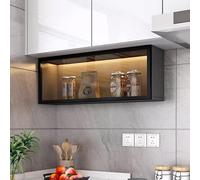Wall Mounted Glass Display Cabinet with Doors and Light, Pantry Storage Shelf for Kitchen, Bathroom, Dining Room, Drill-Free Installation