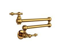 Wall-Mounted Gold Brass Kitchen Faucet, Dual Handle Pull-Down Pot Filler, Brushed Finish, Expandable Mixer Tap for Modern Kitchen Upgrade
