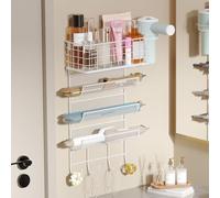 Wall-Mounted Hair Dryer Holder Styling Tool Organizer 4-Shelf Storage Wire Basket with Hook Heat Safe Rack for Hair-Straighteners,Curling Wands,Flat Iron,Cabinet Door Bathroom Kitchen White