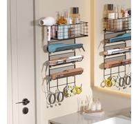 Wall-Mounted Hair Dryer Holder Styling Tool Organizer 4-Shelf Storage Wire Basket with Hook Heat Safe Rack for Hair Straighteners,Curling Wands,Flat Iron,Perfume,Cabinet Door Bathroom Kitchen