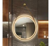 Wall Mounted Hanging Vanity Makeup Mirror With Leather Strap, Black, Gold, Aluminium Alloy Frame, Round LED Bathroom Mirror, Dimmable 3 Color Temperatures, Memory Function (Color : Gold, S (Gold
