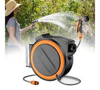 Wall Mounted Hose Reel, 30+2m Retractable Garden Hose with Multi-Function Connector, 180° Swivel, Auto Lock & Rewind, 8-in-1 Nozzle for Watering and Car Wash