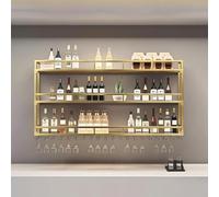 Wall Mounted Industrial Wine Rack 3 Tier Floating Shelf for Whiskey Glasses & Wine Bottles Iron Frame Bar Storage for Kitchen & Dining Room (Black/Gold 39.3in/100cm)