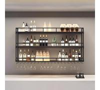 Wall Mounted Industrial Wine Rack 3 Tier Floating Shelf with Glass Holder Iron Frame Whiskey & Wine Bottle Storage for Kitchen & Dining Room (Black/Gold 47.2in)