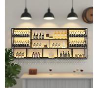 Wall Mounted Industrial Wine Rack with LED Lighting 3 Tier Glass Holder & Metal Stemware for Home Cellar Black/Gold Finish 59in/150cm