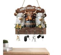 Wall Mounted Key Ring | 2D Flat Cow Shaped Key Holder with 4 Hooks | Wooden Clothes Hook for Entryway Hallway - for Entryway Bathroom Kitchen Closet Living Room Bedroom Office Apartment