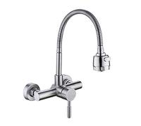 Wall Mounted Kitchen Faucet, 304 Stainless Steel, Hot and Cold Water, Single Lever, 360 Degree Rotation, Universal for Sink, Laundry, Pool