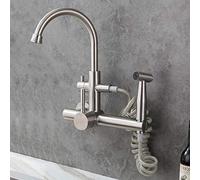 Wall-Mounted Kitchen Faucet Brushed 304 Stainless Steel Dual Hole Curved Spout Spray Gun Shower for Balcony Pool Laundry Hot Water Tap