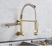 Wall-Mounted Kitchen Faucet Pull-Down Spray Tap with 360° Rotation Dual Function Kitchen Mixer Brushed Finish Cold Water Modern Design for Home & Comm,Dorado