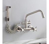 Wall Mounted Kitchen Faucet with Pull Down Sprayer 304 Stainless Steel Dual Handle Design Hot Water Sink for Built in Kitchen Double Basin Durable and Stylish (Seven Character Tube Single Water)