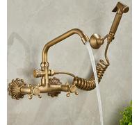 Wall Mounted Kitchen Mixer Tap Brass Kitchen Tap with Spray Gun Hot and Cold Water-Antique