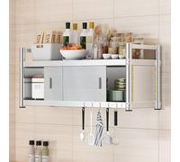 Wall Mounted Kitchen Pantry Cabinet with Sliding Doors Stainless Steel Toaster Oven Stand & Microwave Holder Space Saving Spice Rack Floating Utility Storage for Garage & Laundry Room