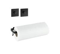 Wall Mounted Kitchen Roll Holder with Hooks without Holes - Kitchen Paper Holder with Glue Fixing, Painted Metal, 30.5 x 9.2 x 8.6 cm, Black
